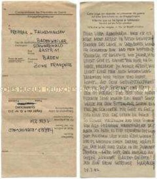 Brief von Harald von Koenigswald aus dem Kriegsgefangenenlager in Sarrebourg an seine Schwägerin in Badenweiler - Familienkonvolut