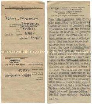 Brief von Harald von Koenigswald aus dem Kriegsgefangenenlager in Sarrebourg an seine Schwägerin in Badenweiler - Familienkonvolut