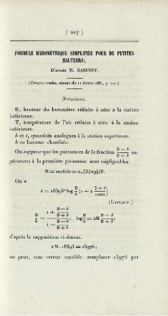 Formule barométrique simplifiée pour de petites hauteurs.
