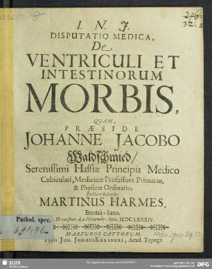 Disputatio Medica, De Ventriculi Et Intestinorum Morbis