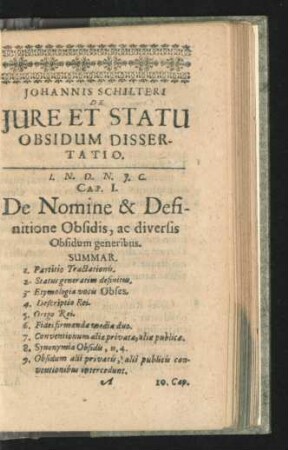 Cap. I. De Nomine & Definitione Obsidis, ac diversis Obsidum generibus.