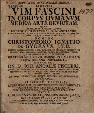 Dispvtatio inavgvralis medica, proponens vim fascini in corpvs hvmanvm medica arte devictam