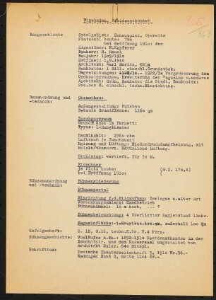 Residenztheater, Wiesbaden: Schriftstück zum Fragebogen für das Handbuch »Das Deutsche Theater«