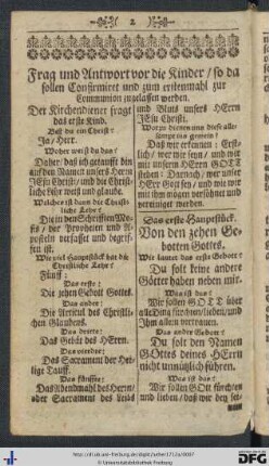 Frag und Antwort vor die Kinder, so da sollen Confirmiret und zum erstenmahl zur Communion zugelassen werden.