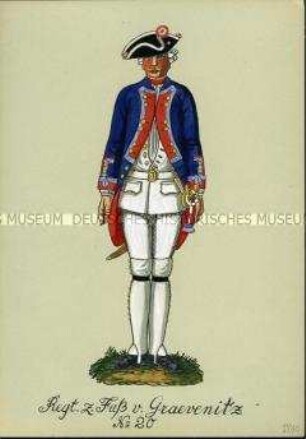 Uniformdarstellung, Gemeiner des Infanterie-Regiments (von Graevenitz) No. 20, Preußen, 1740.