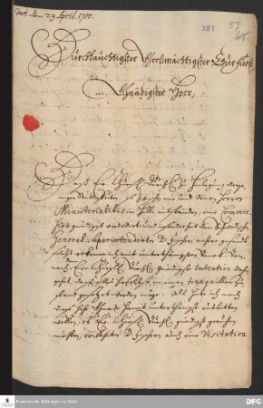 Brief von August Hermann Francke an Friedrich III., Kurfürst von Brandenburg.