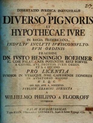 Dissertatio Ivridica Inavgvralis De Diverso Pignoris Et Hypothecae Ivre