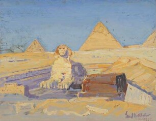 Die Sphinx bei aufgehender Sonne mit den Pyramiden von Giseh