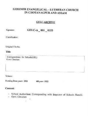 Correspondence for Schools (GEL) Govt. Circulars