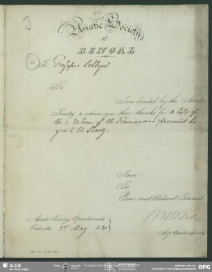 Vordr. m. hs. Eintr. von Horace H. Wilson an August Wilhelm von Schlegel, Kalkutta, 22.05.1830
