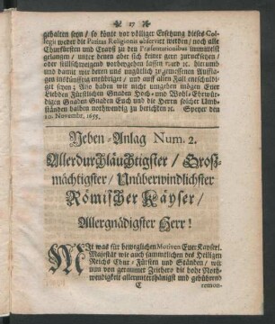 Neben-Anlag Num. 2. Allerdurchläuchtigster .... Römischer Käyser ...