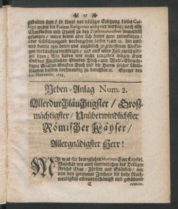 Neben-Anlag Num. 2. Allerdurchläuchtigster .... Römischer Käyser ...