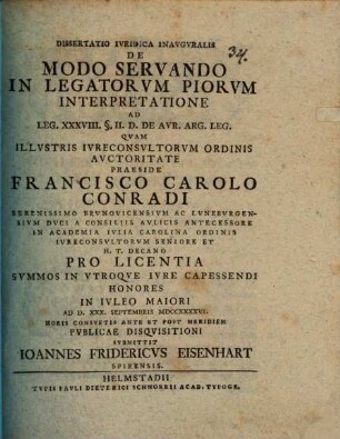 Diss. iur. inaug. de modo servando in legatorum piorum interpretatione