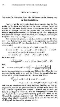 11. Lambert's Theorem über die heliocentrische Bewegung in Kegelschnitten.