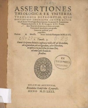 Assertiones theologicae ex universa theologia depromptae