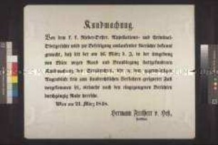 Bekanntmachung: Widerlegung kursierender Gerüchte über standrechtliche Strafverfahren; Wien, 21. März 1848