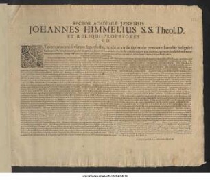 Rector Academiae Ienensis Johannes Himmelius S.S. Theol. D. Et Reliqui Professores L.S.D. : Stoicos, maxime severum ... P.P. XIX. Aug. Anno MDCXXXI.