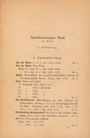 Naturhistorischer Theil. I. Abtheilung.