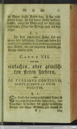 Caput VII. von den einfachen, oder gemischten steten Fiebern, oder De Febribus Continuis, Simplicibus Et Compositis
