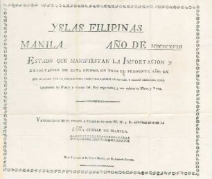 Yslas Filipinas Manila ano de MDCCCXVIII. Estado que manifiestan la importacion y exportacion de esta ciudad, ...