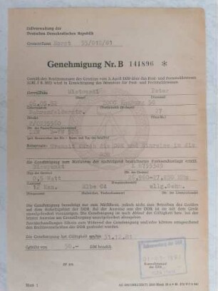 Genehmigung Nr. B DDR-Zoll Mitnahme von Funksendeanlagen