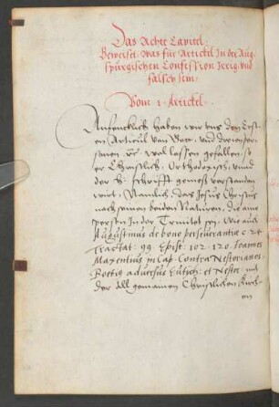 Das Achte Capitel, Beweiset, Was für Artickel In der Augspurgischen Confession Irrig, vnd falsch sein.