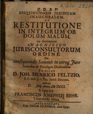 Disqvisitionem Jvridicam Inauguralem, De Restitutione In Integrum Ob Dolum Malum