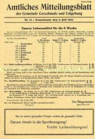 Kommunales Mitteilungsblatt u.a. zur Lebensmittelbewirtschaftung, zur Beschlagnahme des Vermögens von NS-Organisationen und mit Kauf-, Verkaufs- und Tauschanzeigen