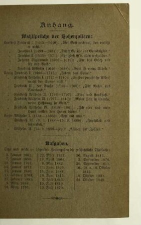 Anhang. Wahlsprüche der Hohenzollern. Aufgaben