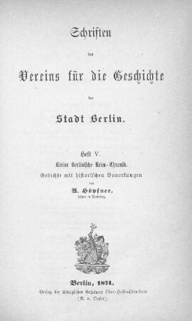 Kleine Berlinische Reim-Chronik : Gedichte mit historischen Bemerkungen