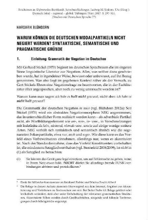 Warum können die deutschen Modalpartikeln nicht negiert werden? Syntaktische, semantische und pragmatische Gründe