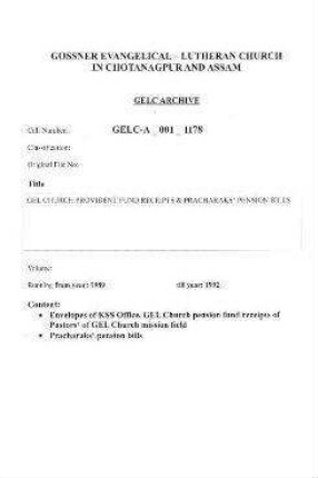 GEL CHURCH PROVIDENT FUND RECEIPTS & PRACHARAKS' PENSION BILL
