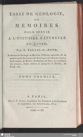 1: Essai De Géologie, Ou Mémoires Pour Servir A L'Histoire Naturelle Du Globe