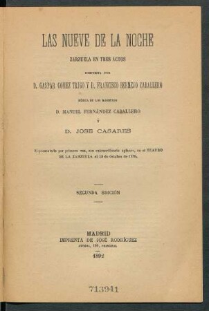 Las nueve de la noche : zarzuela en tres actos