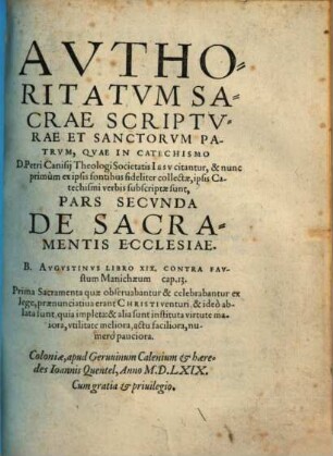 Avthoritatvm Sacrae Scriptvrae Et Sanctorvm Patrvm. 2, De Sacramentis Ecclesiae