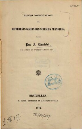 Recueil d'observations sur différents sujets des sciences physiques