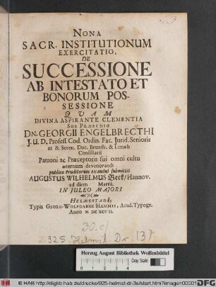 Nona Sacr. Institutionum Exercitatio, De Successione Ab Intestato Et Bonorum Possessione