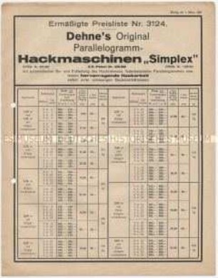 Ermäßigte Preisliste Nr. 3124 für Parallelogrammhackmaschinen "Simplex"