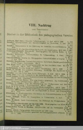 VIII. Nachtrag zum Verzeichnisse der Bücher in der Bibliothek des Pädagogischen Vereins