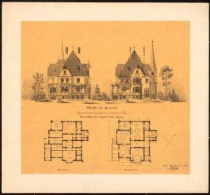 Villa, Berlin-Grunewald: 2 Ansichten, Grundriss KG, EG