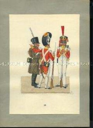 Uniformdarstellung, Grenadiere der Leib-Grenadier-Garde im Capot, in Gala und in Parade, Sachsen, 1810/1811. Veränderte Kopie aus: Abbildung der neu organisierten Königlich-Sächsischen Armee.