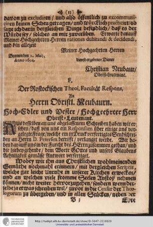 F. Der Rostockischen Theol. Facultät Respons.