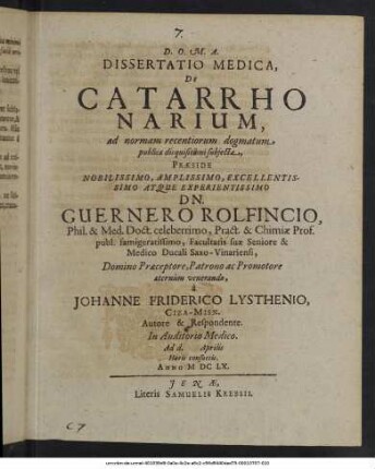 Dissertatio Medica, De Catarrho Narium