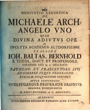 Meditatio exeg. de Michaele archangelo uno