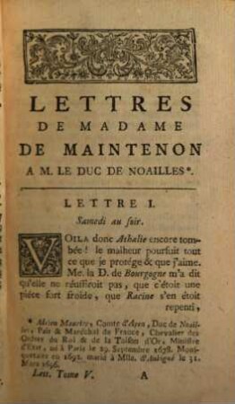Lettres De Madame De Maintenon, 5. Contentant Les Lettres à M. le Duc de Noailles & quelques - unes à diverses Personnes