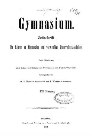 21: Gymnasium : Zeitschrift für Lehrer an Gymnasien und verwandten Unterrichtsanstalten - 21.1903