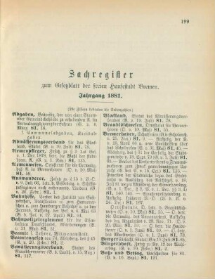 Sachregister zum Gesetzblatt der freien Hansestadt Bremen
