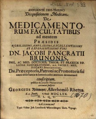 Disquisitionem Medicam De Medicamentorum Facultatibus ad mentem
