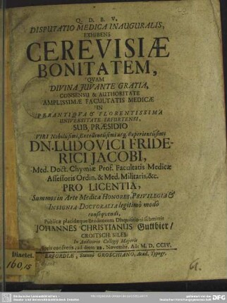 Disputatio Medica Inauguralis, Exhibens Cerevisiae Bonitatem