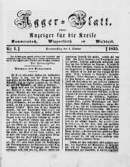 Agger-Blatt, oder Anzeiger für die Kreise Wipperfürth, Gummersbach und Waldbröl